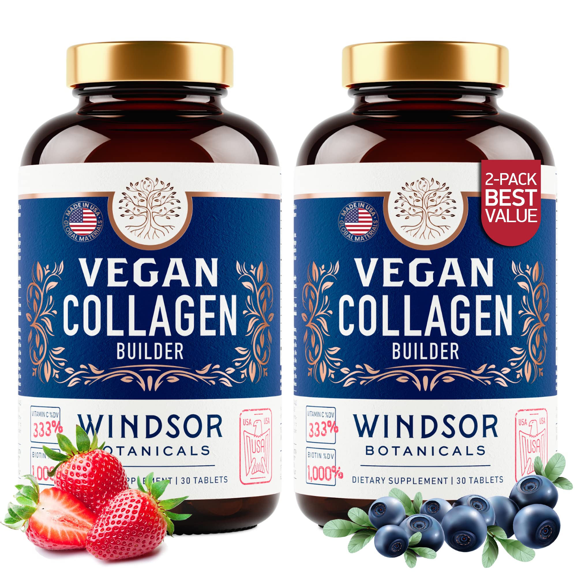 Plant-Based Collagen Booster - Vegan Collagen Supplements for Women and Men Smooth Wrinkles Strengthen Skin Hair Nails and Joints - 2-Pack - 60 Non-GMO Gluten-Free Vegetarian Collagen Pills