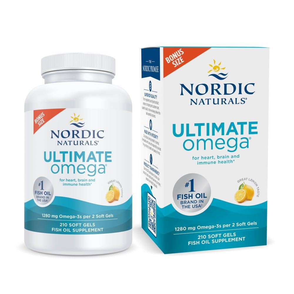 Nordic-Naturals Ultimate Omega Lemon Flavor - 210 Soft Gels - 1280 mg Omega - 3 per Serving - Premium Fish Oil with EPA & DHA for Brain & Heart Health - Non-GMO - 105 Servings