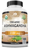 Organic Ashwagandha 2100 mg - 100 Veggie Capsules Pure Organic Ashwagandha Powder and Root Extract - Stress Relief Mood Enhancer